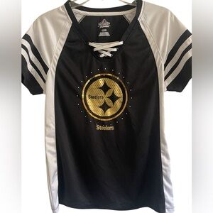 Majestic Pittsburg Steelers Women’s Black White & Gold Lace-Up Top Size Large